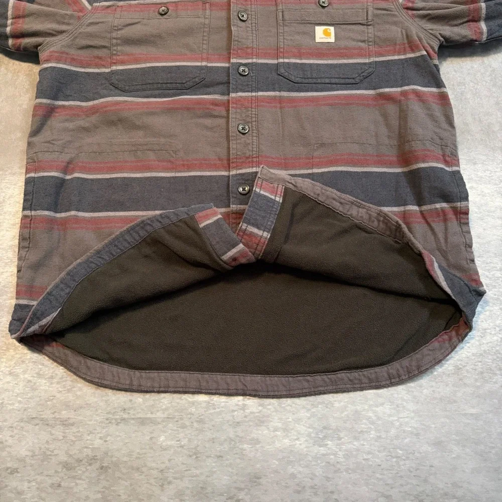 Carhartt Rugged Flex Fleece Lined Flannel Shirt Jacket Mens Large Brown Striped